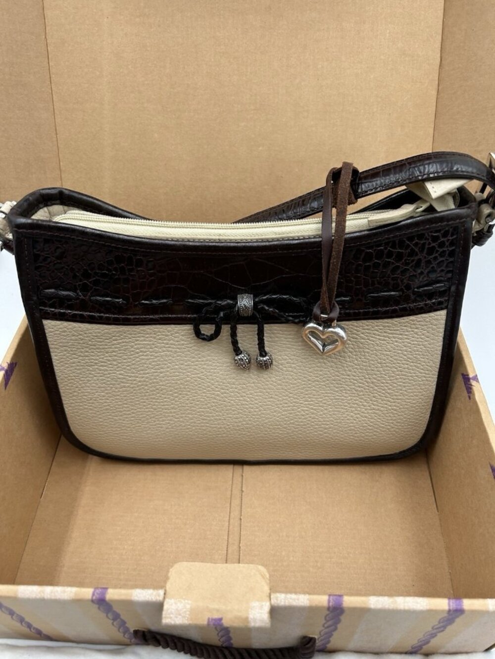 Brighton Brown Crocodile Embossed Shoulder Bag Heart Accents /Dust Bag And Box